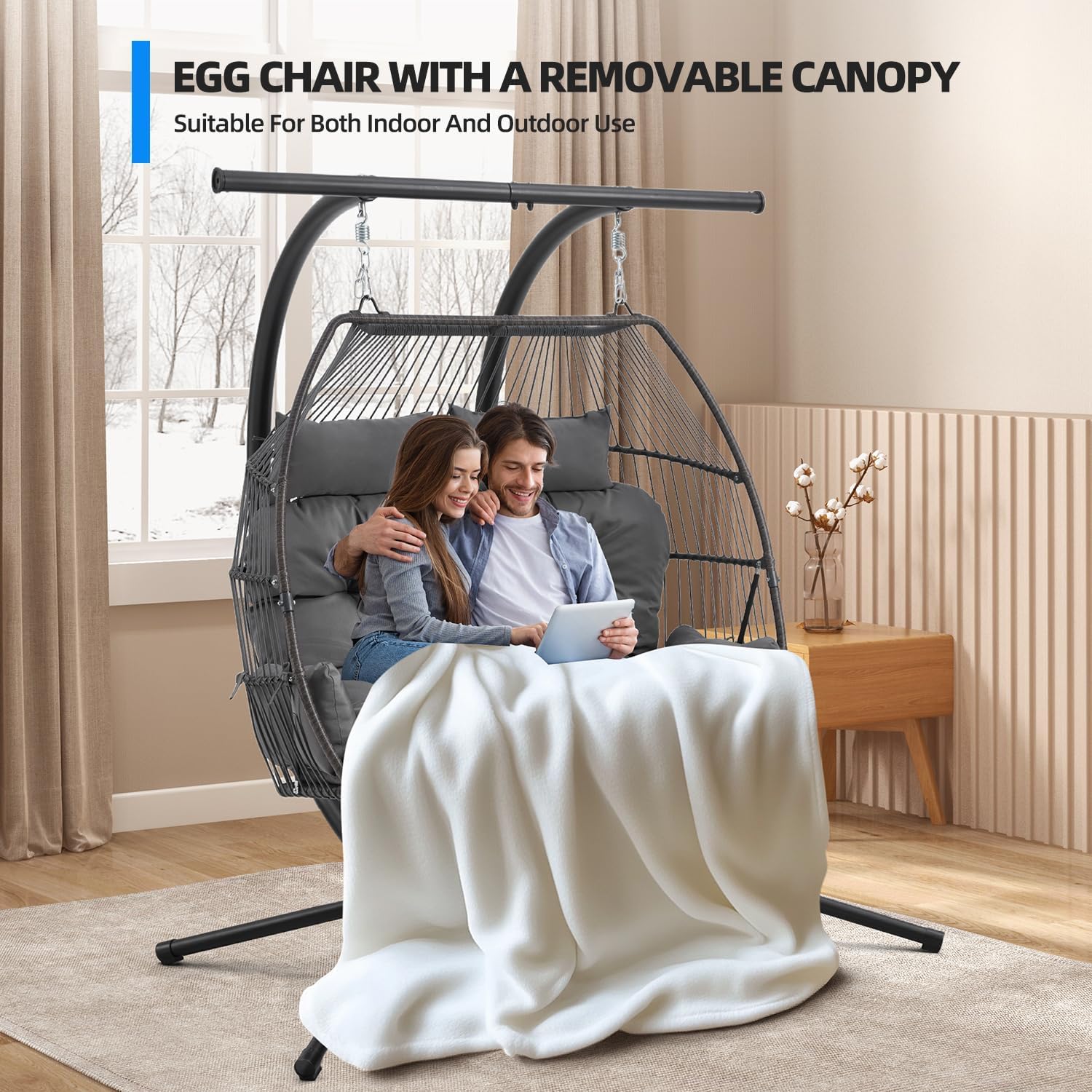 YOLENY Oversized Hanging Swing Chair with Adjustable Canopy, Double Egg Chair, Hammock Chair with Cushion Basket Hammock Nest Chair, Swinging Loveseat for Outdoor Patio, Balcony, Garden