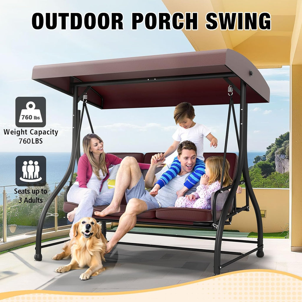3 Seat Outdoor Porch Swing with Stand, 760 lbs Capacity Heavy Duty Patio Glider Swings for Adults, Convertible 2 in 1 Patio Swings Bed with Adjustable Canopy & Thick Cushions for Garden Yard