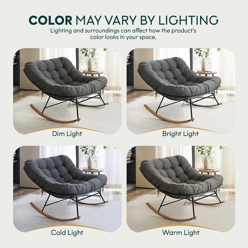 Bme Patio Rocking Chair Outdoor & Indoor, Metal Patio Lounge Rocking Chair with Thick Cushion, Comfy Modern Rocker Chair for Living Room, Porch, Backyard, Grey Cushion - Wood Texture Rocker