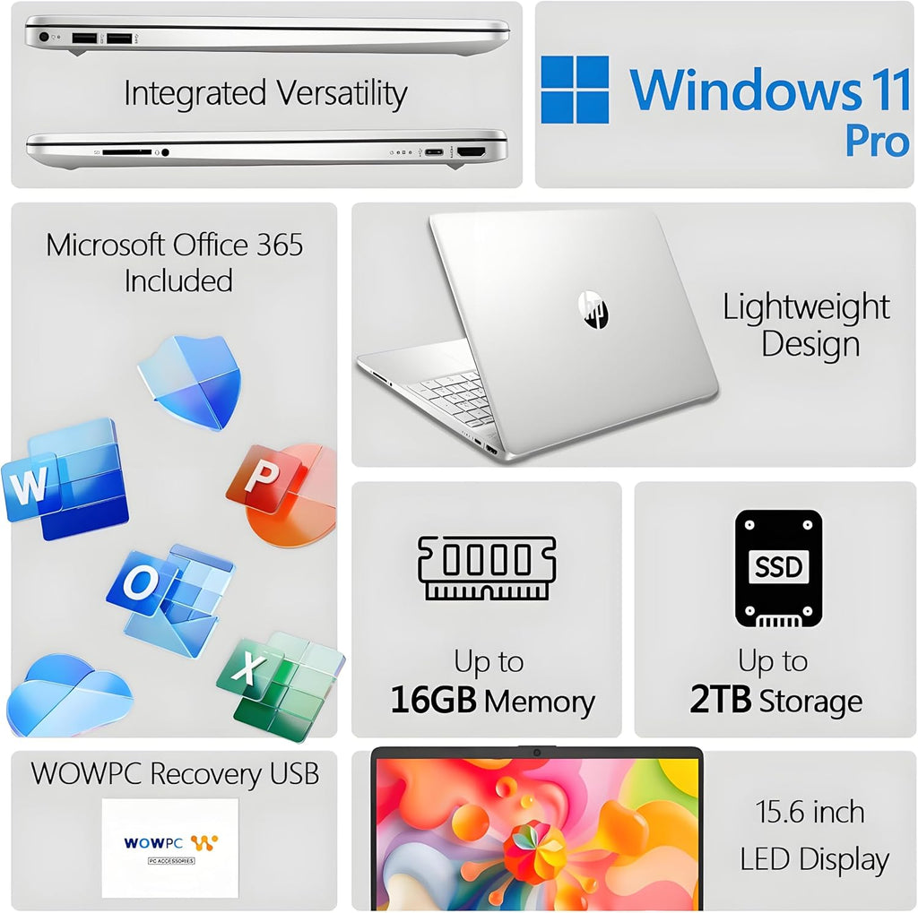HP 15 inch Laptop for Home or Work, Intel 4-core Processor, 8GB RAM, 256GB SSD, 15.6' Micro Edge LED IPS Display, SD Card Reader, HDMI, Windows 11 Pro with Microsoft Office 365 Included, WOWPC USB
