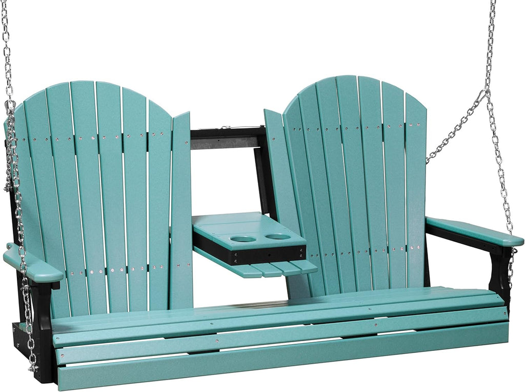 LuxCraft 5' Adirondack Hanging Porch Swing with Flip Down Console, Outdoor Patio Swing, Front Porch Swing, Outdoor Swing Bench (Aruba Blue & Black)