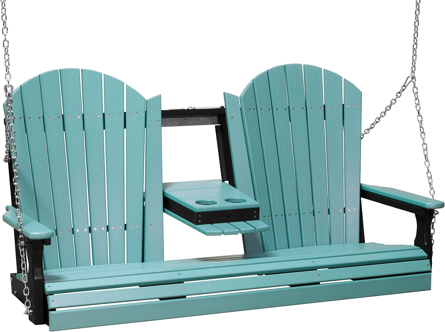 LuxCraft 5' Adirondack Hanging Porch Swing with Flip Down Console, Outdoor Patio Swing, Front Porch Swing, Outdoor Swing Bench (Aruba Blue & Black)