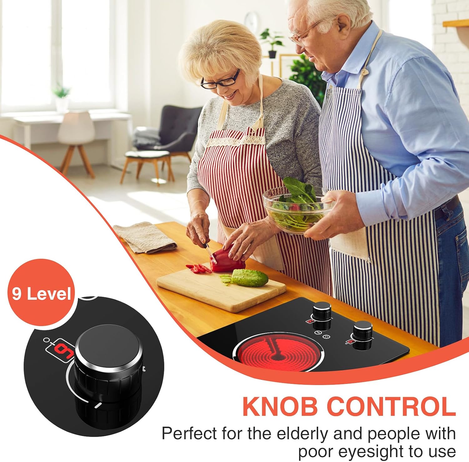 110v Electric Cooktop 2 Burners, 12'' Electric Stove Top with Plug in, Knob Control Countertop & Built-in Ceramic Cooktop, 9 Power Levels, Child Lock, Timer, Over-Heat Protection