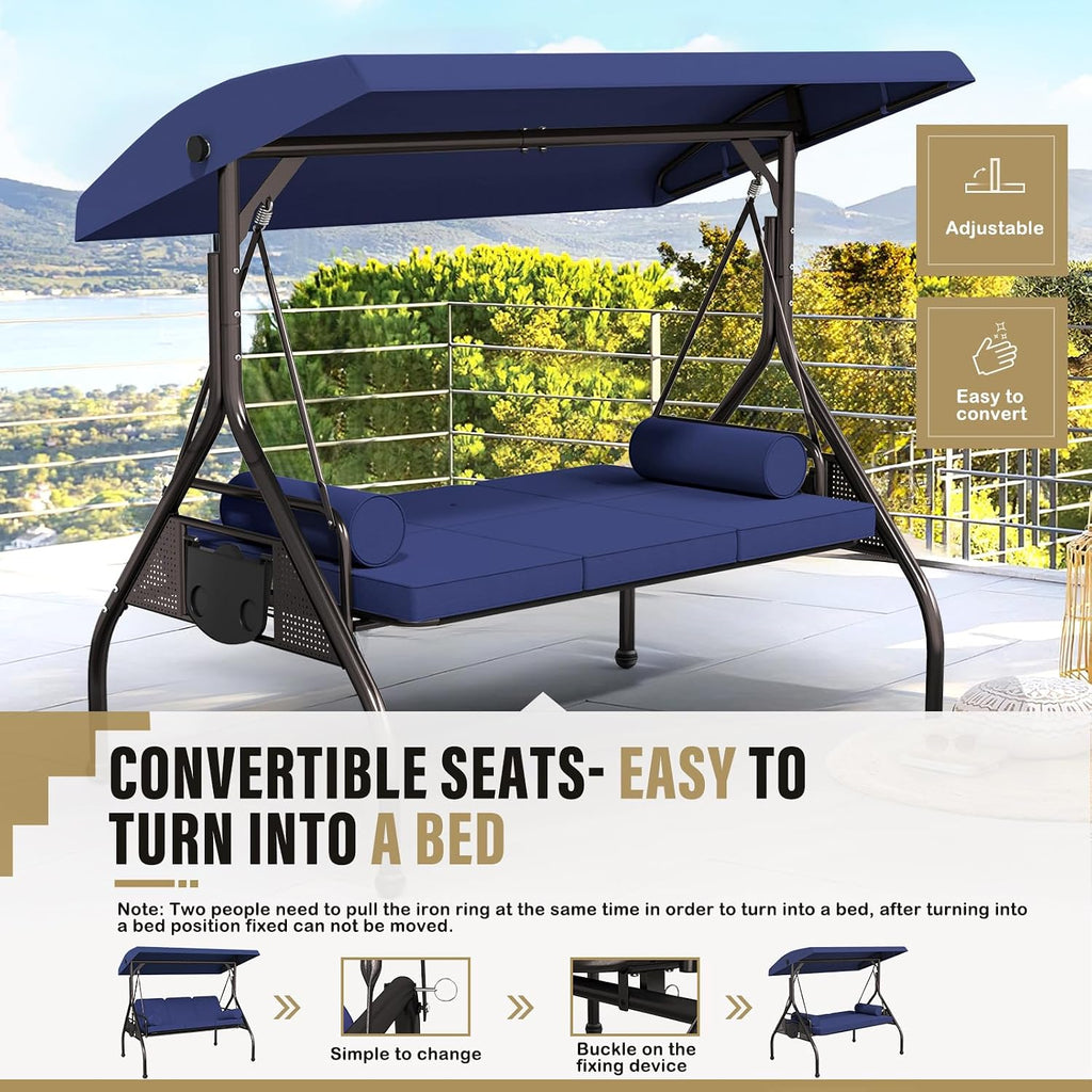 Betterland 3-Seat Patio Swing Chair, Outdoor Porch Swing with Cushions,Pillows & Cup Holders, Adjustable Canopy Outside Bench Swing for Porch，Backyard,Garden(Blue)