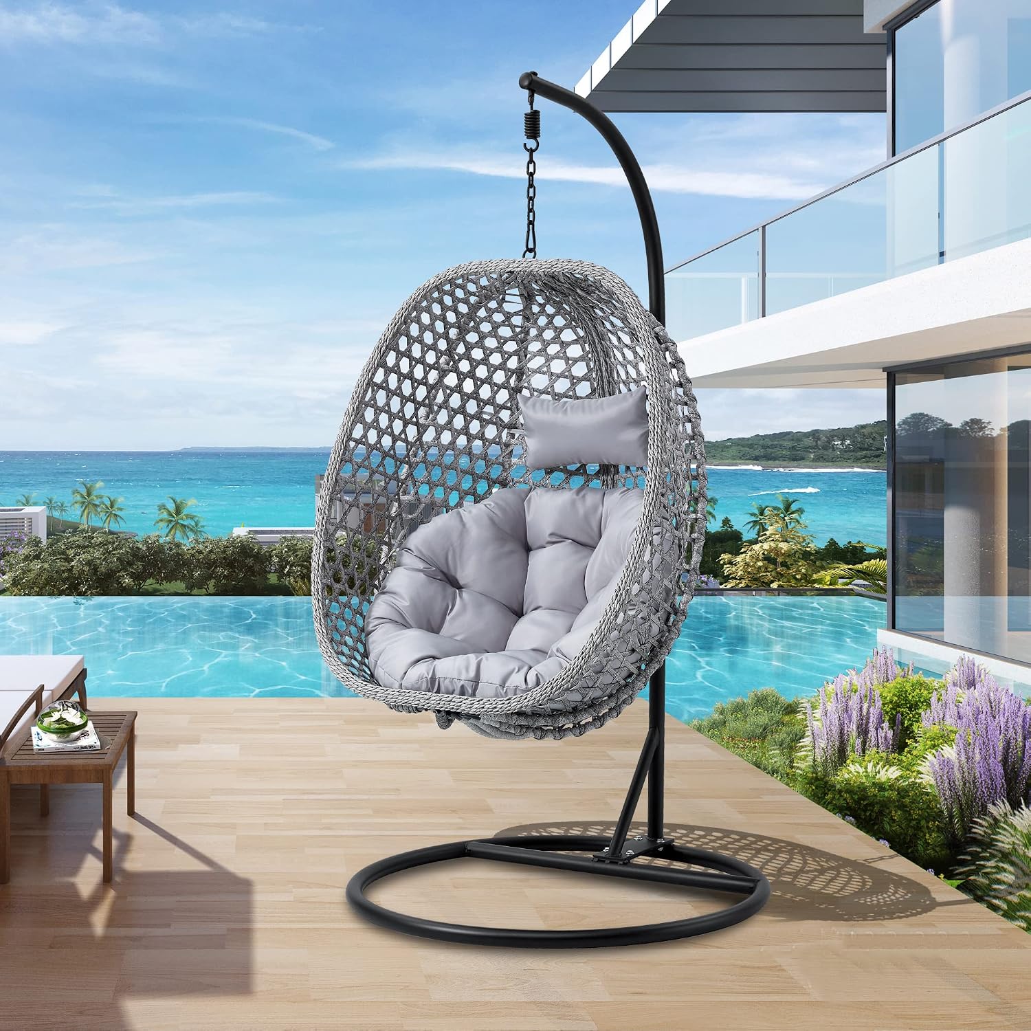 Hanging Egg Chair with Stand & Cushions, Outdoor and Indoor Hammock Rattan Swing Chair 350 lbs Capacity with Aluminum Steel Frame for Patio, Balcony, Backyard and Living Spaces (Light Grey)