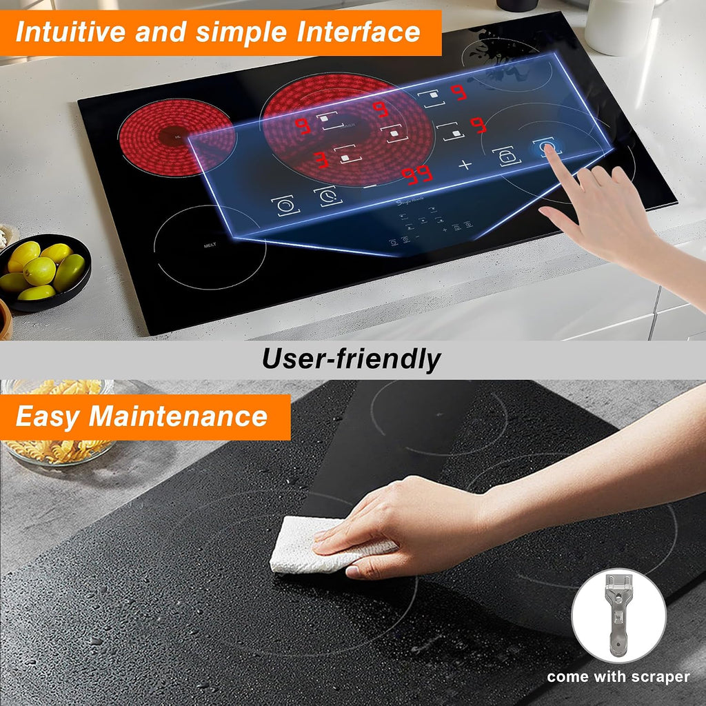 Electric Cooktop 36 Inch 5 Burners, Electric Stove Top, Built-in Ceramic Radiant Cooktop with Sensor Touch Control, Fast Heat, Multiple Safety Protection, 9000W with Hard Wire for 220V~240V