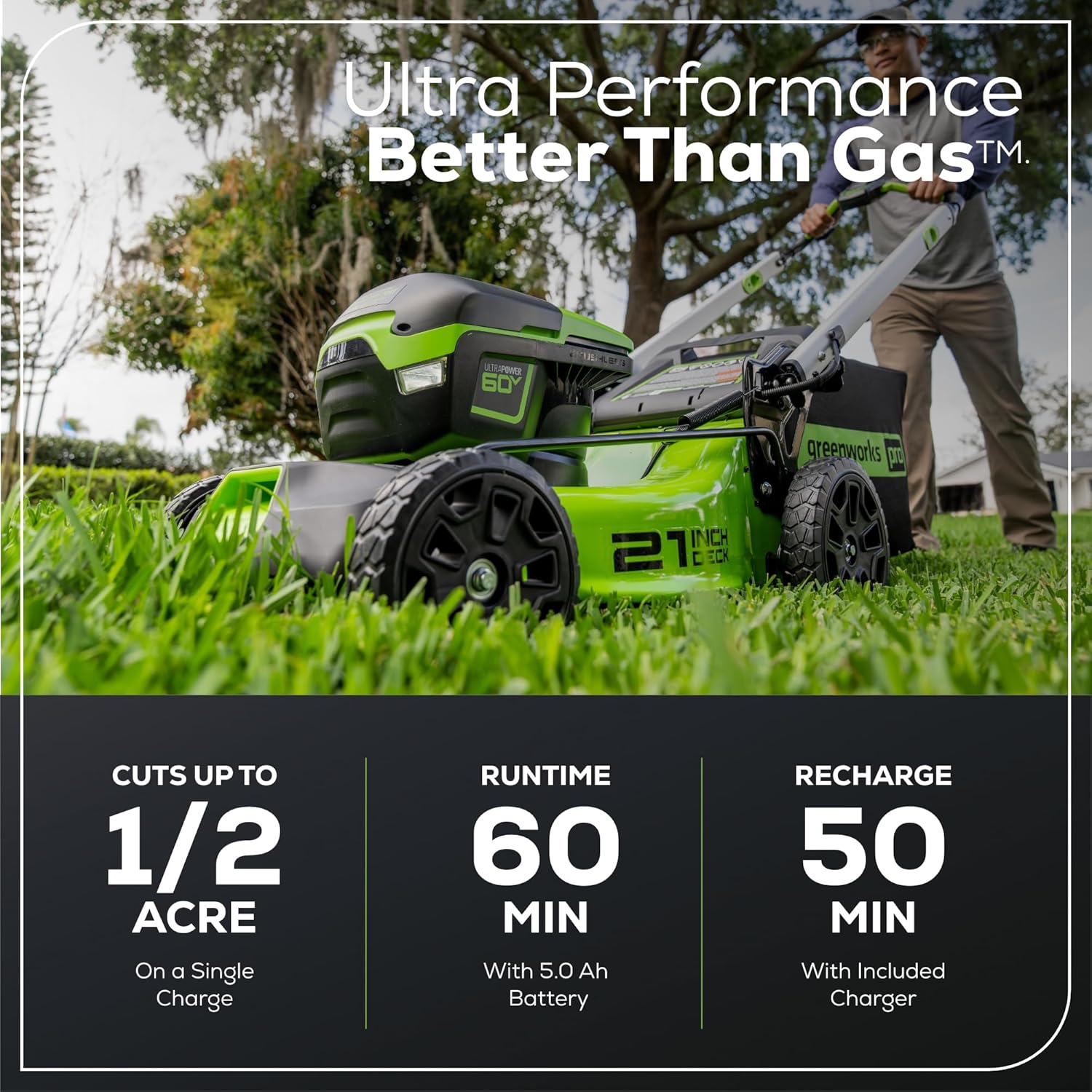 Greenworks 60V 21' Brushless (Push) Cordless Lawn Mower, 5.0Ah Battery (1/2 Acre, Rapid Charger, 4-in-1, LED Lights, IPX4)