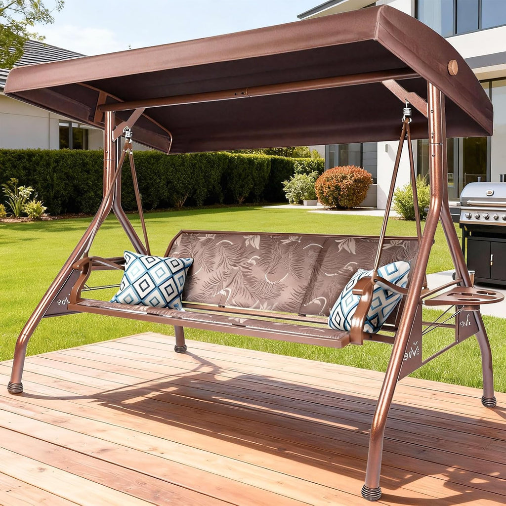 ZZW 3 Person Patio Swing Outdoor Swing for Adults with Adjustable Canopy &Upgraded Cup Holders Textilene Fabric Porch Swing Chair with Stand Heavy Duty 800 LBS