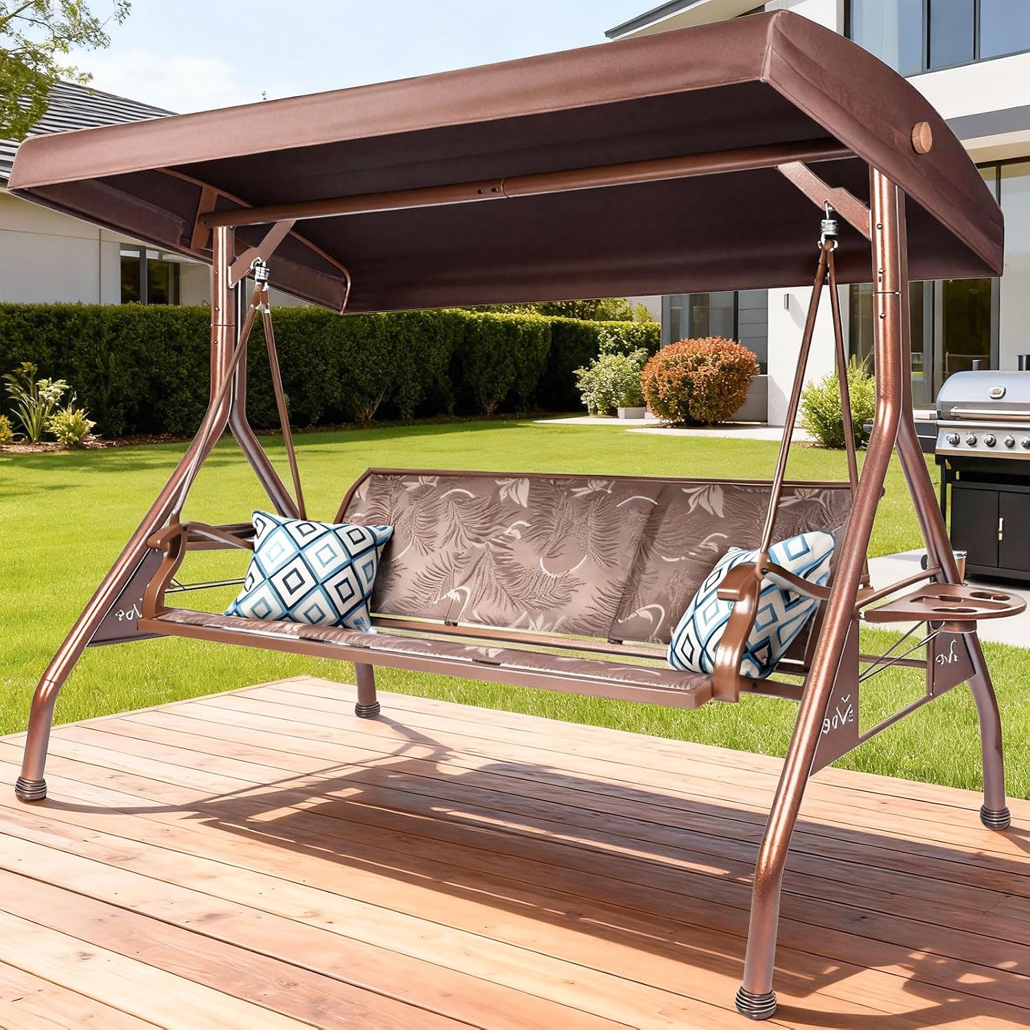 ZZW 3 Person Patio Swing Outdoor Swing for Adults with Adjustable Canopy &Upgraded Cup Holders Textilene Fabric Porch Swing Chair with Stand Heavy Duty 800 LBS