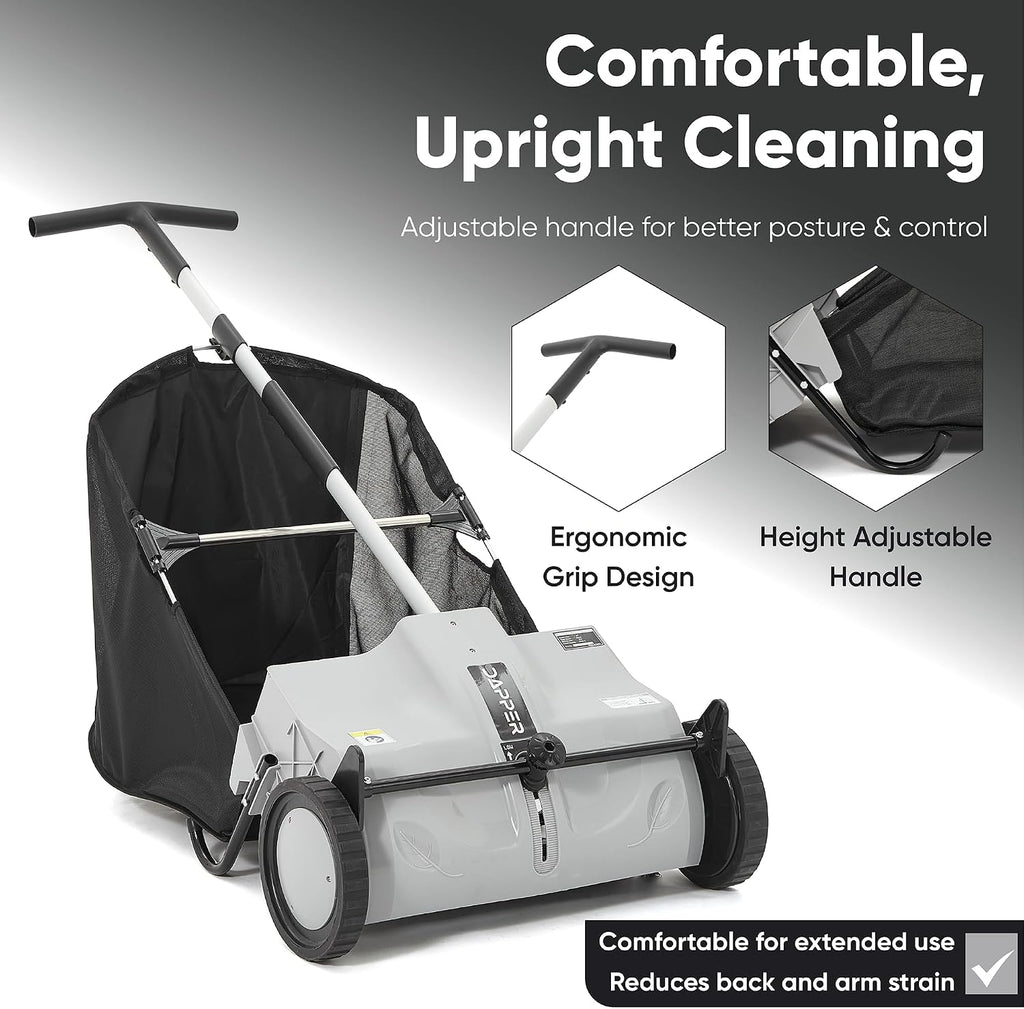 Dapper Supply 22-Inch Push Lawn Sweeper, Grass, Lawn and Leaf Cleanup Collector with Large 3.5 cu. ft. Hopper Bag, Durable Wheels, and Dual Spinning Brushes, Grey