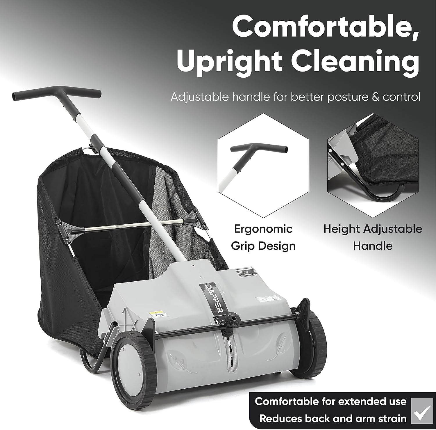 Dapper Supply 22-Inch Push Lawn Sweeper, Grass, Lawn and Leaf Cleanup Collector with Large 3.5 cu. ft. Hopper Bag, Durable Wheels, and Dual Spinning Brushes, Grey