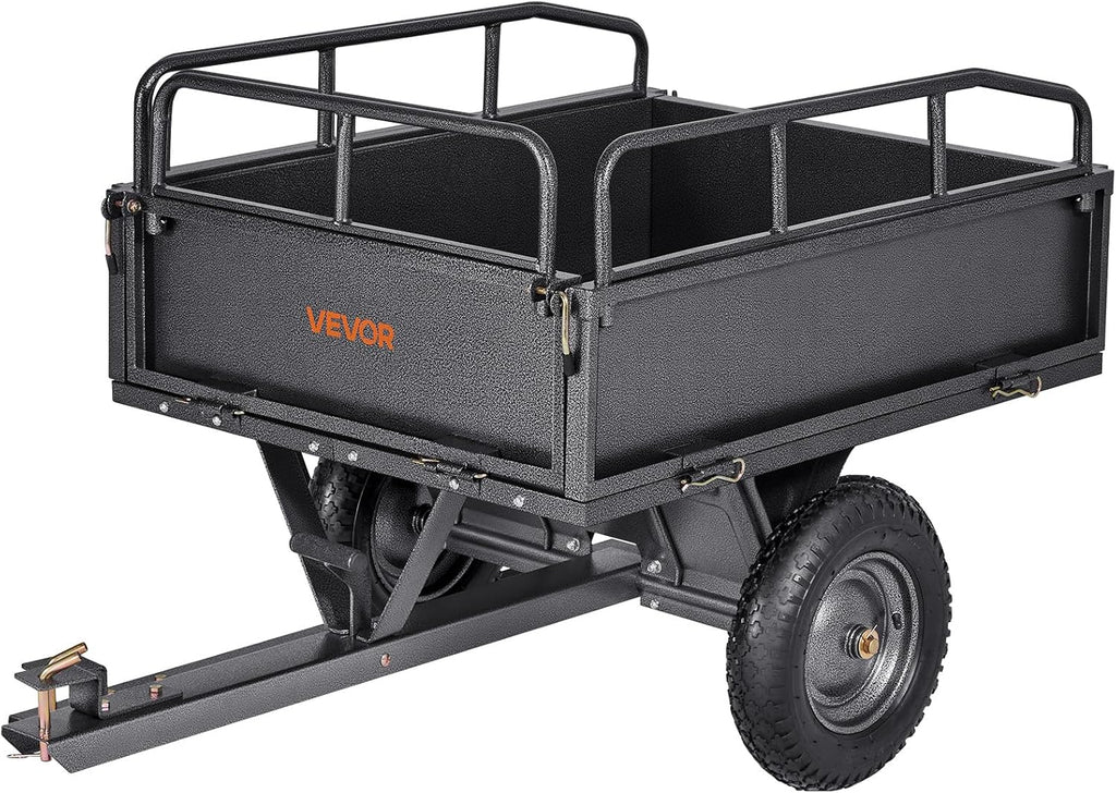 VEVOR 10 Cu.Ft. & 500lbs ATV Trailer Dump Cart Tow Behind, Heavy Duty Utility UTV Trailer, Tow Behind Steel Yard Dump Wagon Cart with 14' Tires for Lawn Mower Tractor