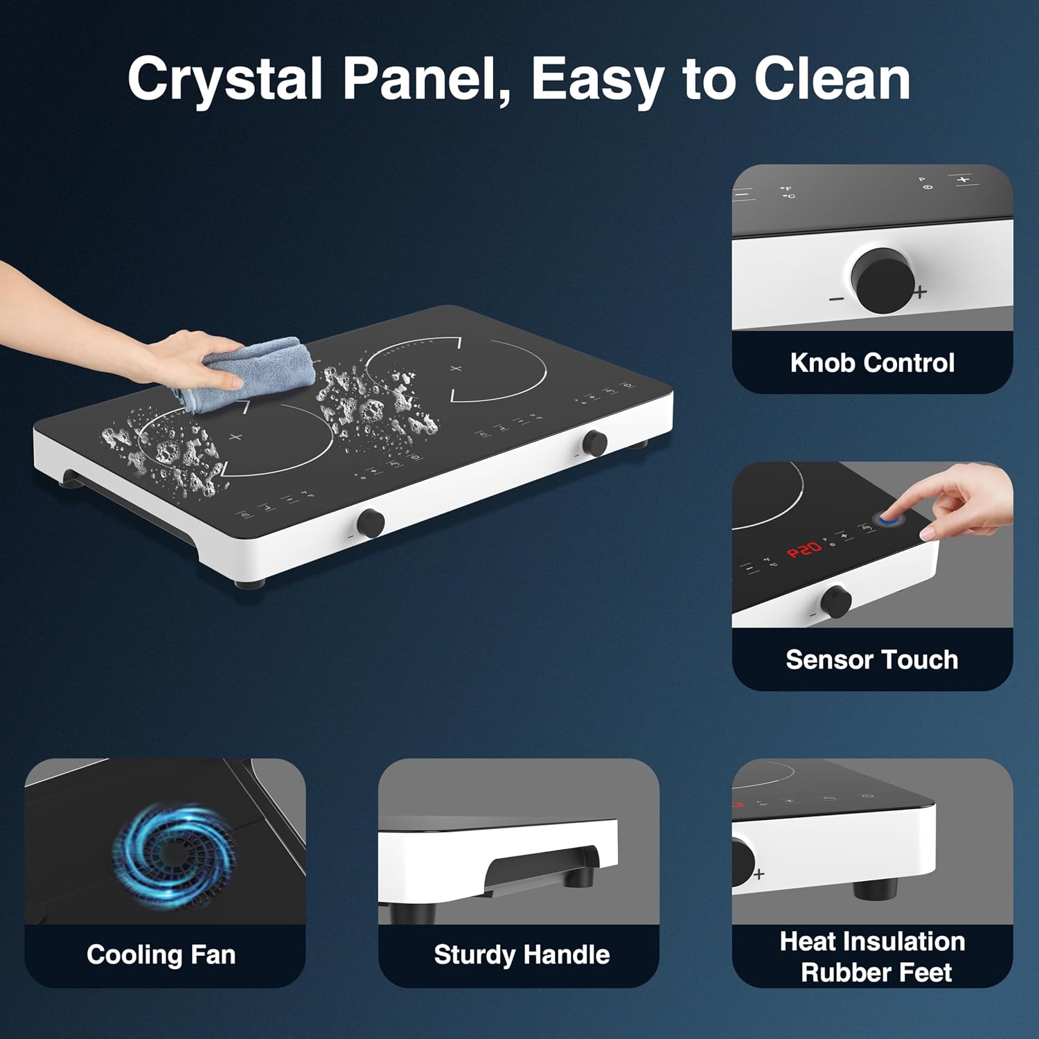Double Induction Cooktop, 2 Burner Induction Burner 20 Temperature & Power Levels Portable Electric Stove Countertop Burners, Knob Control, Child Safety Lock & 4H Timer, Auto Shut-Off