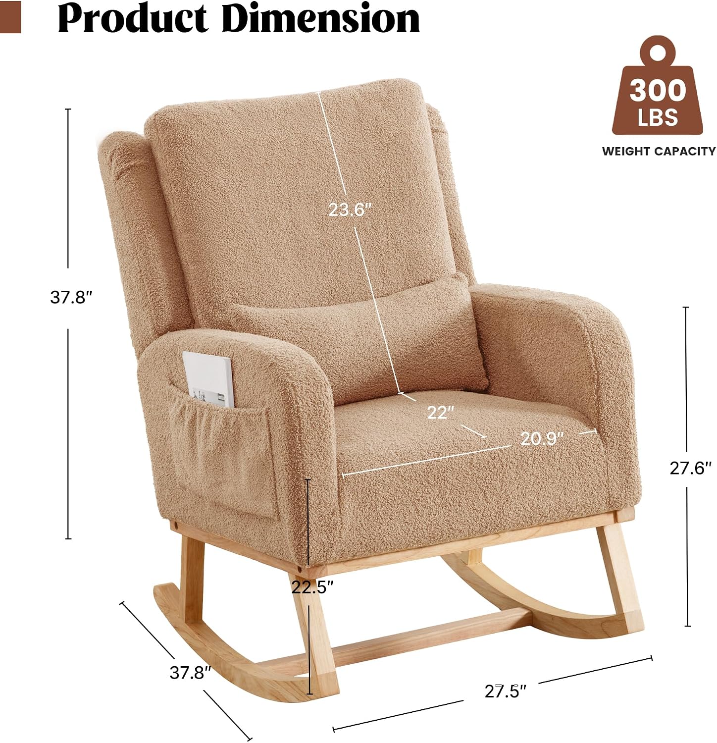 HCHAIRH Rocking Chair Nursery, Boucle Nursing Rocking Chairs, Upholstered Nursery Glider Rocker Wingback Morden Rocking Chair with Lumbar Pillow for Mom Nursery, Living Room, Bedroom, Teddy Khaki