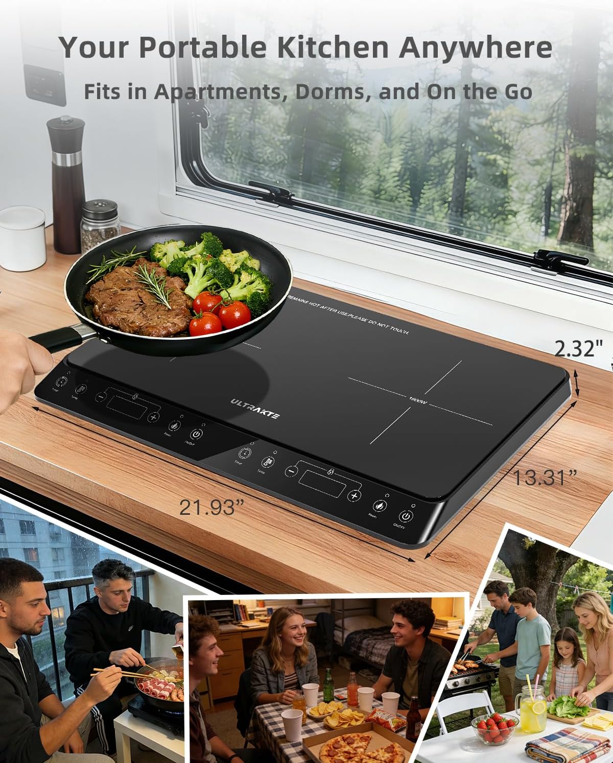 Double Induction Cooktop, ULTRAKTE Portable Dual Countertop Burner with Sensor Touch, 1800W Induction Cooktop 2 Burner, Electric Countertop Cooker with 10 Temp & Power Levels, 8-Hour Timer,Safety Lock