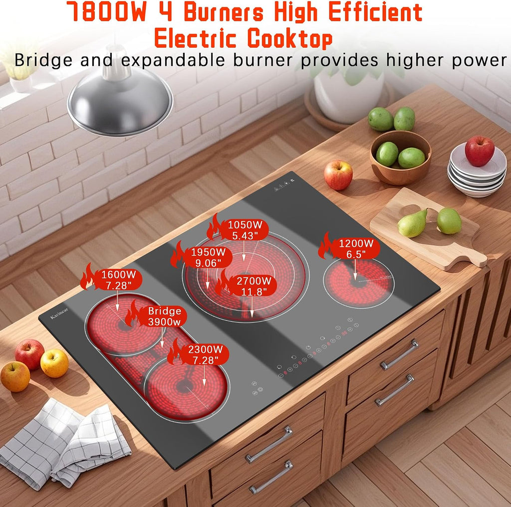 Karinear Electric Cooktop 30 Inch, 4 Burners Electric Stove Top, Flexible Bridge &Triple Ring Expandable Burners, Pause, Timer, Child Safety Lock, 7800W Built-in Ceramic Cooktop for 220-240V Hard Wire