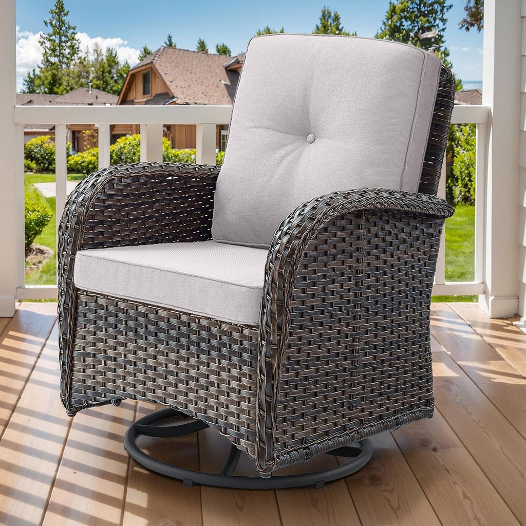 2 in 1 Porch Glider Swivel Chair - Wicker Patio Furniture Outdoor Swivel Rocker Chair with Thick Cushions, 300 Lb Weight Capacity Patio Swivel Glider Seating - Brown Wicker, Beige Cushions