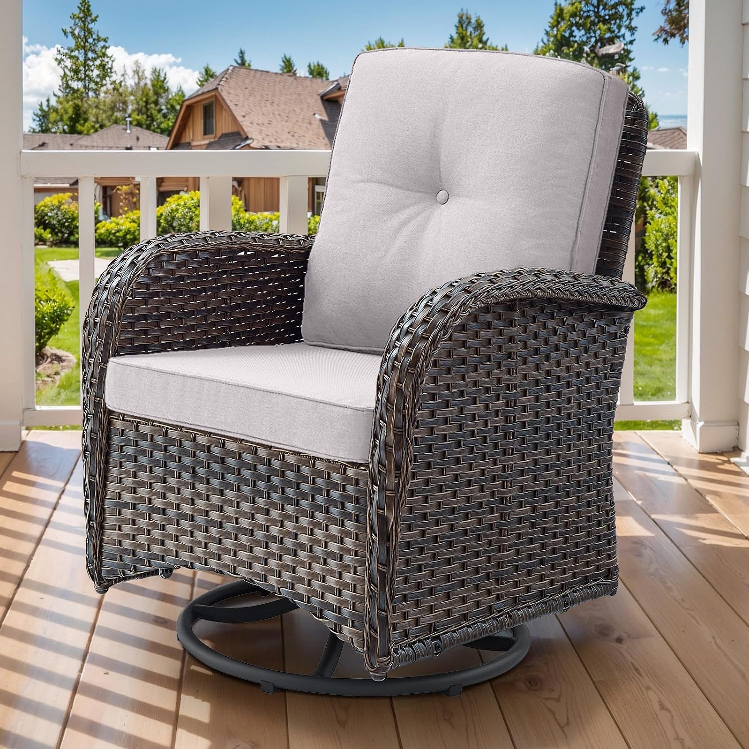2 in 1 Porch Glider Swivel Chair - Wicker Patio Furniture Outdoor Swivel Rocker Chair with Thick Cushions, 300 Lb Weight Capacity Patio Swivel Glider Seating - Brown Wicker, Beige Cushions