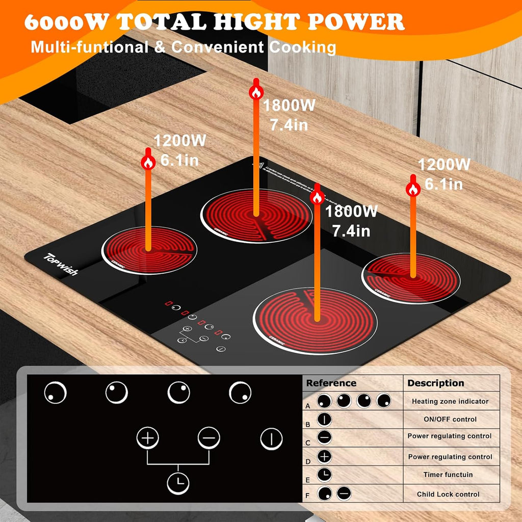 4 Burner Electric Cooktop, TOPWISH 24 Inch, Built-in Electric Stove Top, 220-240v Radiant Cooktop with Child Lock, Touch Control, Residual Heat Indicator, Overheat Protection, Hard Wire (No Plug)