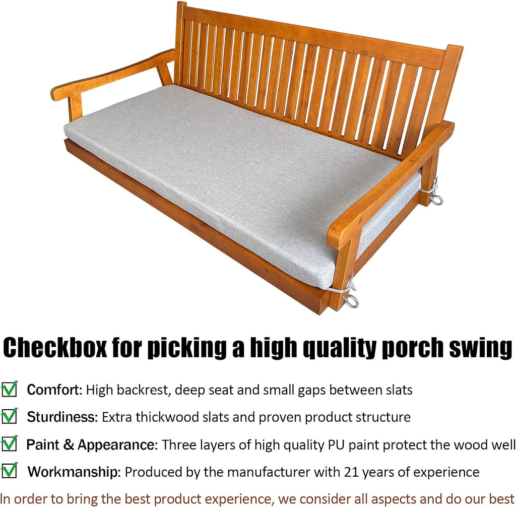 6 FT Wooden Porch Swing Bed with Thick Cushion – Outdoor Hanging Daybed for Patio or Porch, Solid Fir Wood Frame, Weather-Resistant, Heavy Duty 1000 LBS (Teak Tone)