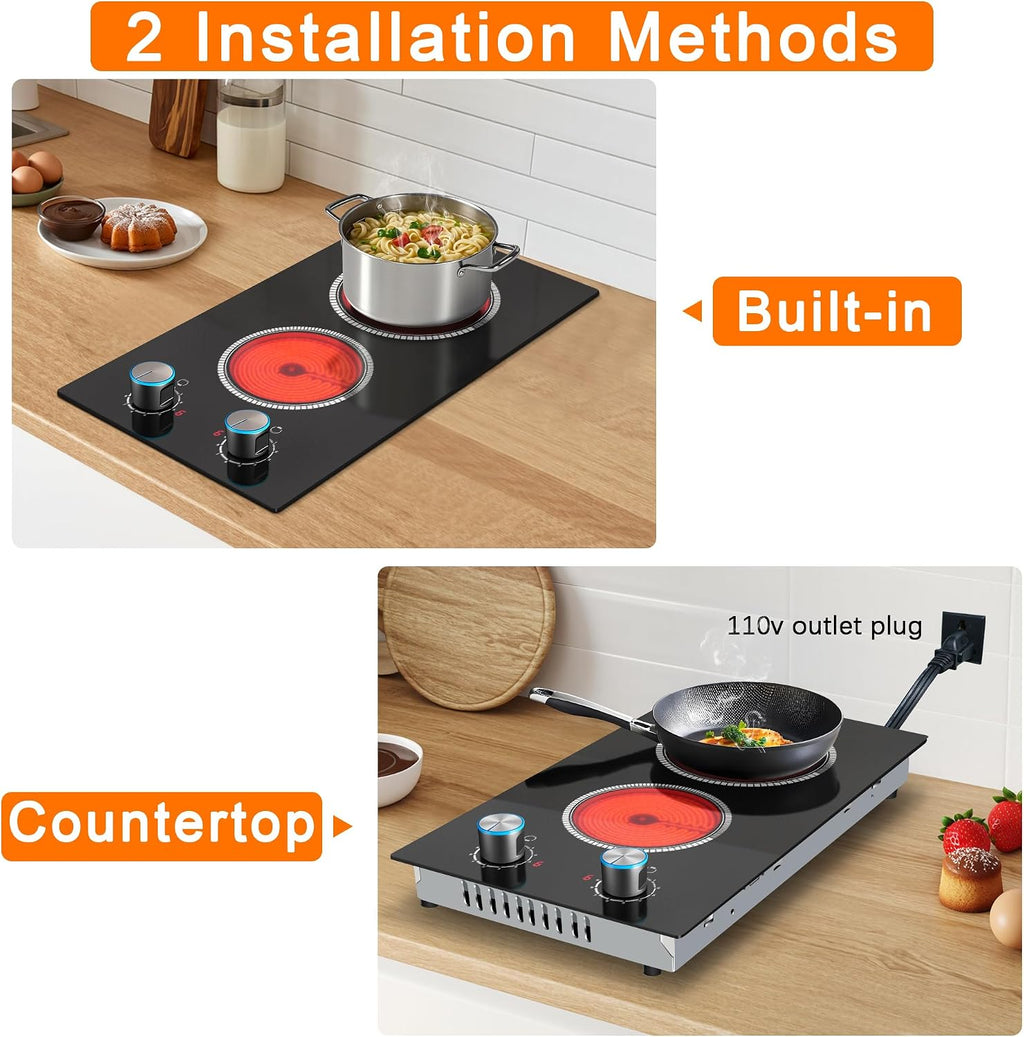 2 Burner Electric Cooktop 120V, 12 Inch Stove Top Burner 2000W, Double Burner Electric Stove with Knob Control, 9-Level Heat, Overheat Protection, High-Temp Alarm, 120V UL Plug