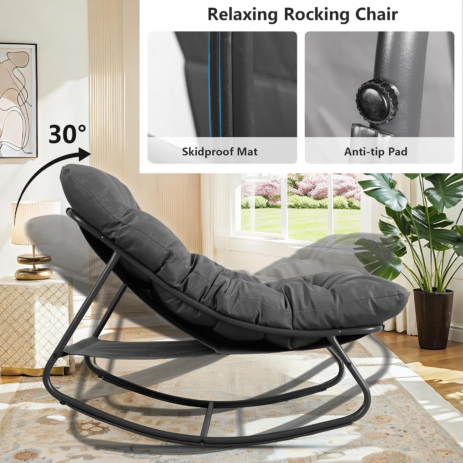 Outdoor & Indoor Oversized Rocking Chairs Set of 2, Modern Metal Lounge Rocking Chair with Thick Cushions, High Back Rocker Chair Set for Living Room, Patio, Porch, Garden, Backyard