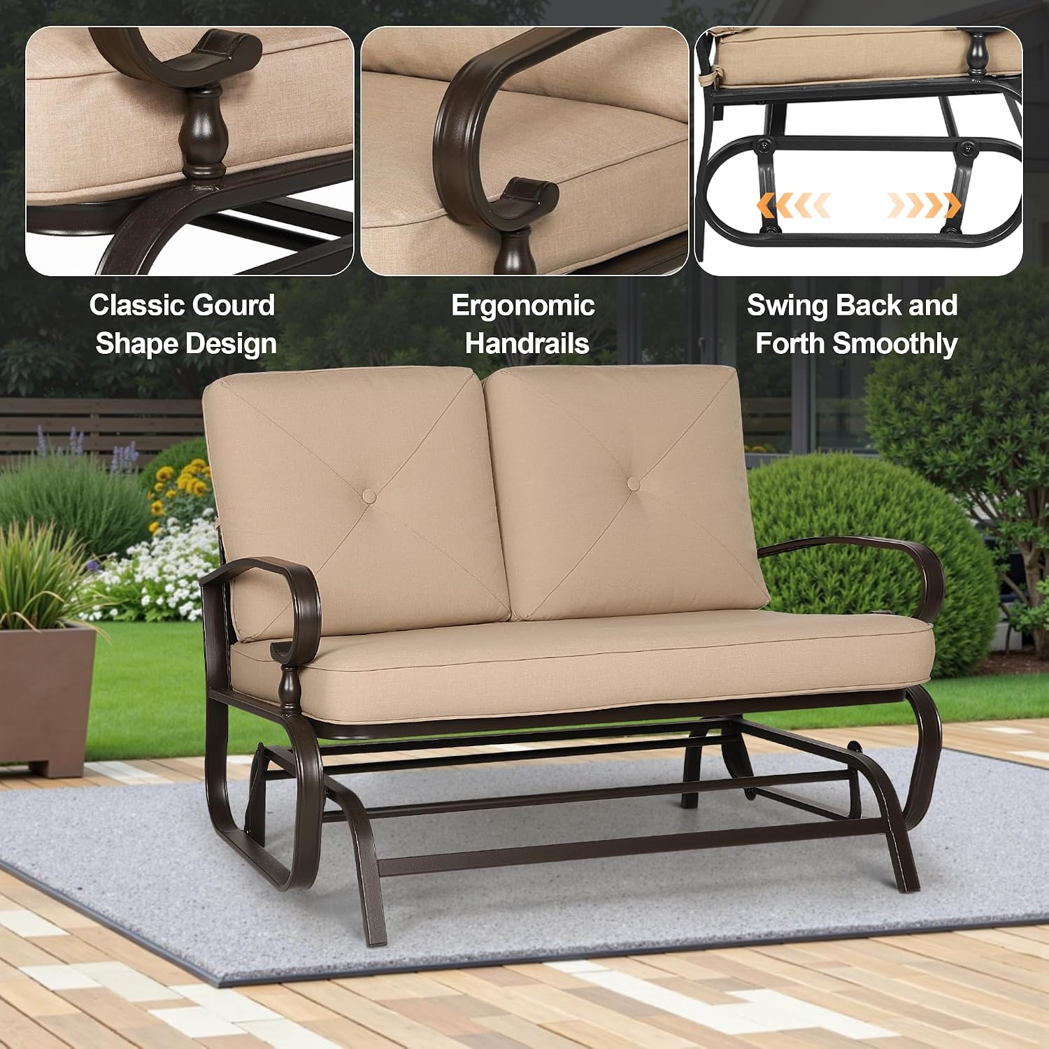 Incbruce Outdoor Glider Rocking Chair Patio Glider Bench for 2 Person, Porch Loveseat Seating Patio Steel Frame Chair Set with Cushion for Porch, Patio, Garden (Brown)