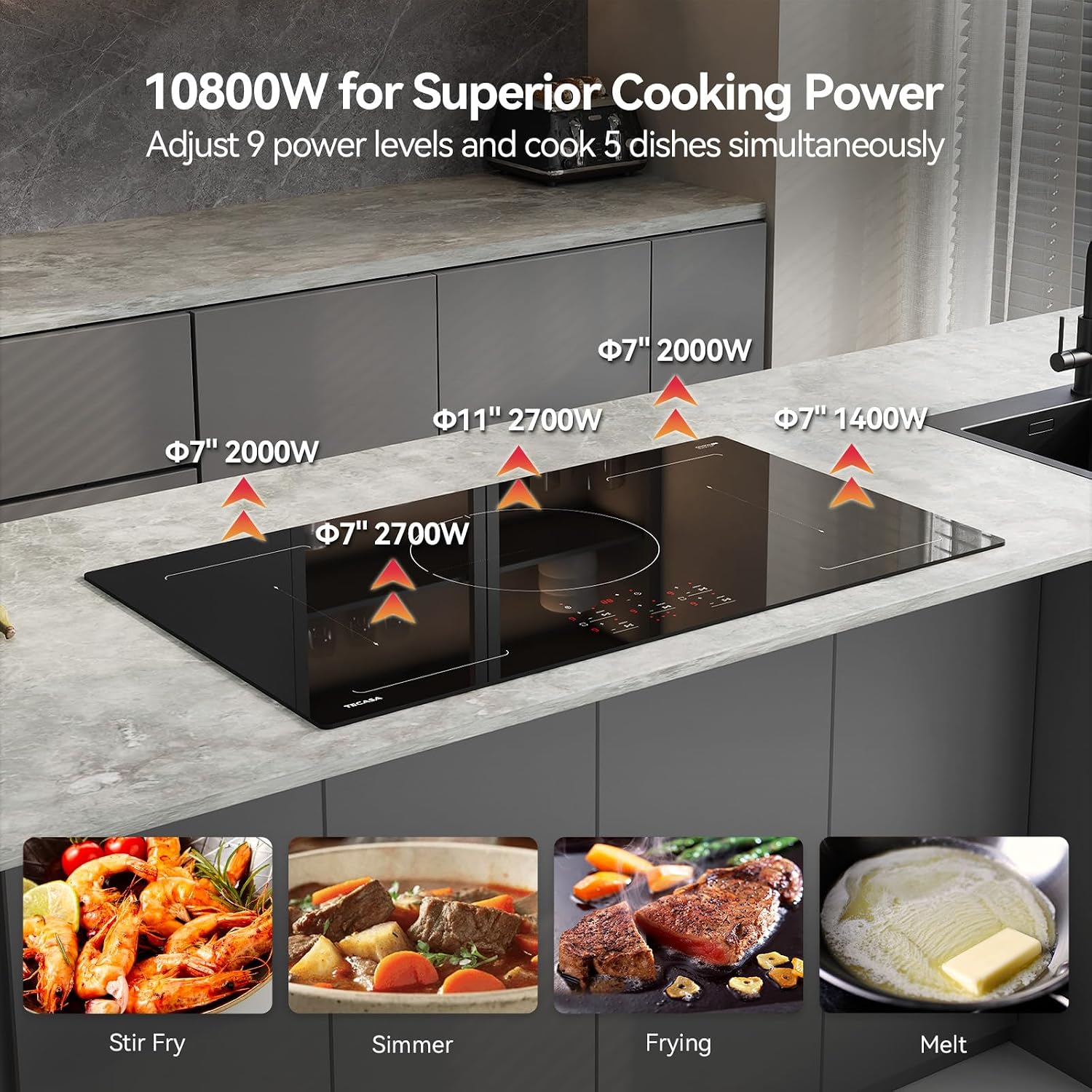 36 Inch Induction Cooktop 10800W, TECASA Built-in Electric Stove with 5 Boost Burners, Compatible with Magnetic Cookwares, Timer & Child Safety Lock, 9 Power Levels