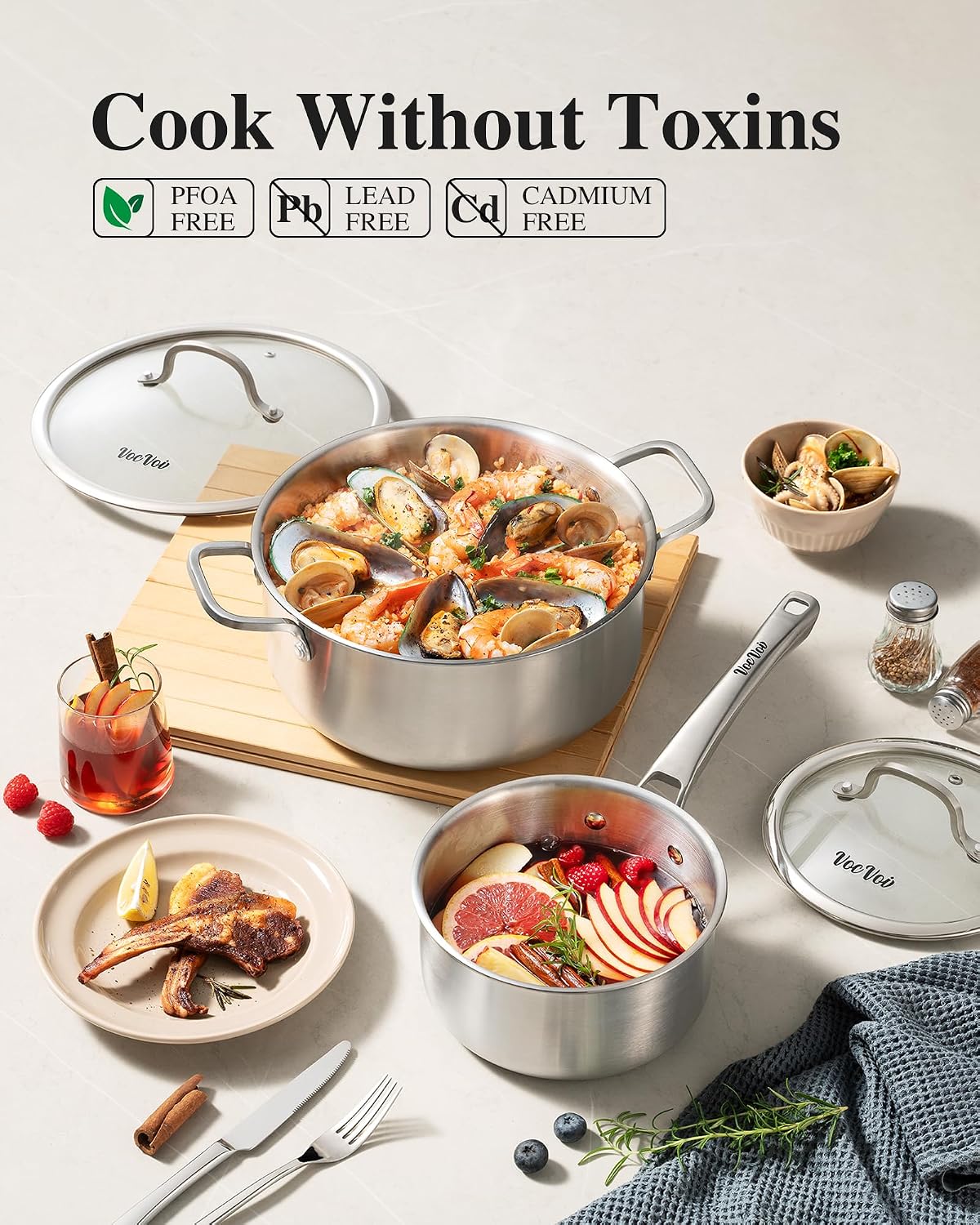 Stainless Steel Cookware Set,Tir-Ply Pots and Pans Set,13 Pcs Stainless Steel Induction Kitchen Cookware Sets,PFOA Free, Frying Pans, Butter warmer,Saute Pan & Stock Pot,Compatible with All Cooktops