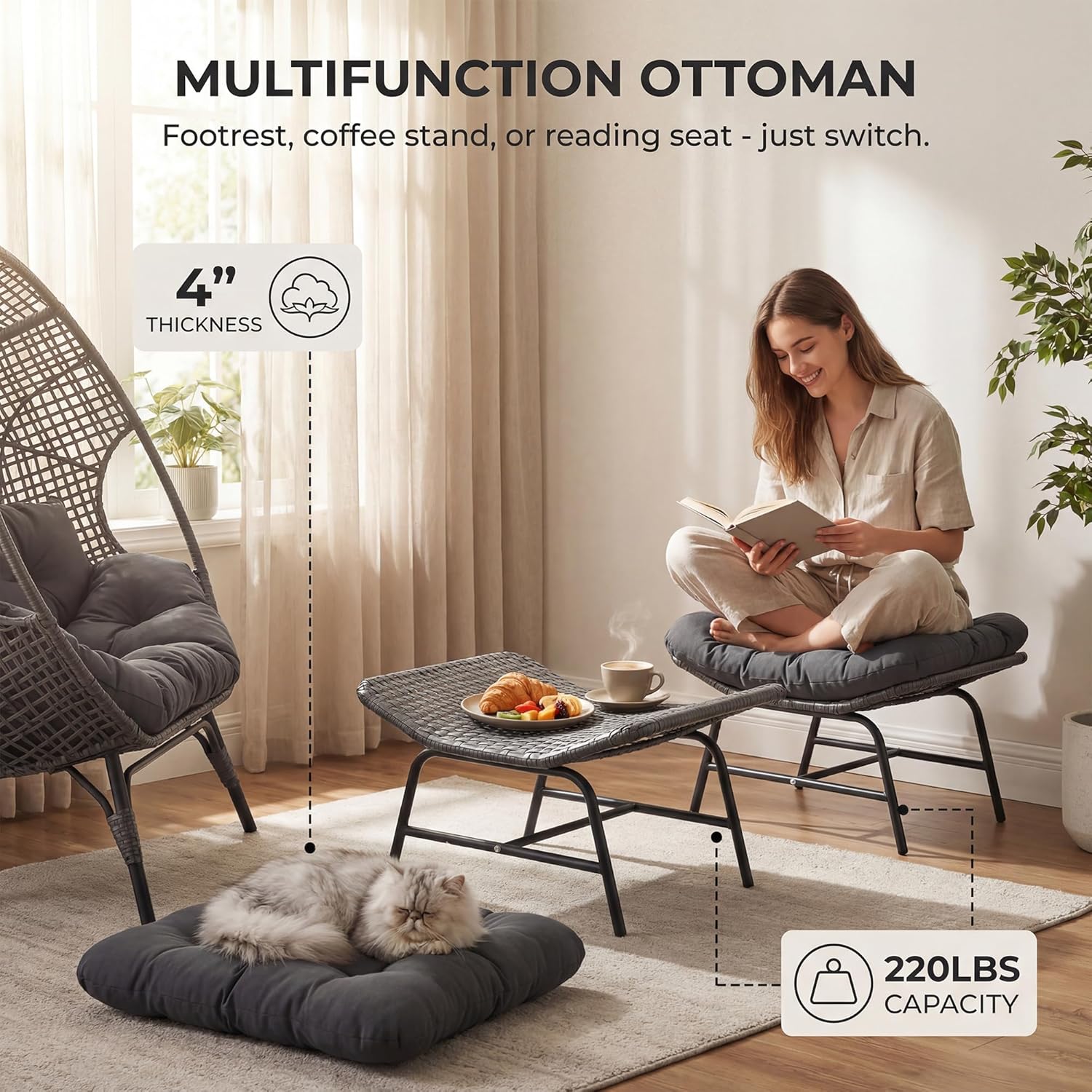 NICESOUL Stationary Egg Chair Indoor Outdoor Wicker Oversized Thick Cushions Egg Shaped Loveseat Chair, Egg Basket Lounge Chair with Ottoman Footrest for Patio Balcony Porch Bedroom Gray