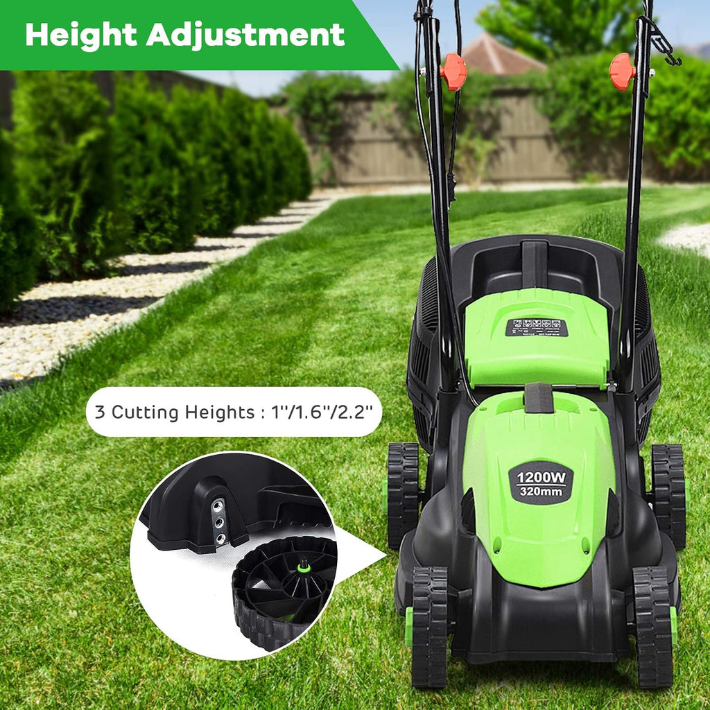 Happygrill Lawn Mower 13-Inch Electric Lawn Mower, Handle Push Corded Lawn Mowers with Grass Bag, Folding Handle, Adjustable Cutting Height for Garden Yard, 12 Amp,Green