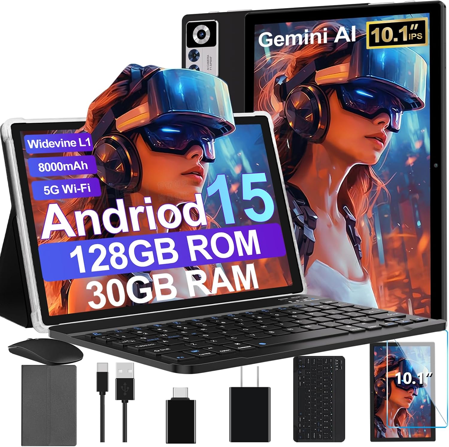 2026 Android 15 Tablet with Keyboard | Gemini AI, 30GB+128GB Octa-Core Electronics Tablets w/ 10 Inch IPS HD Display, 8000mAh, 5G WiFi, 1TB Expand, Mouse+Case, BT 5.0, Widevine L1, Metal Body -Black