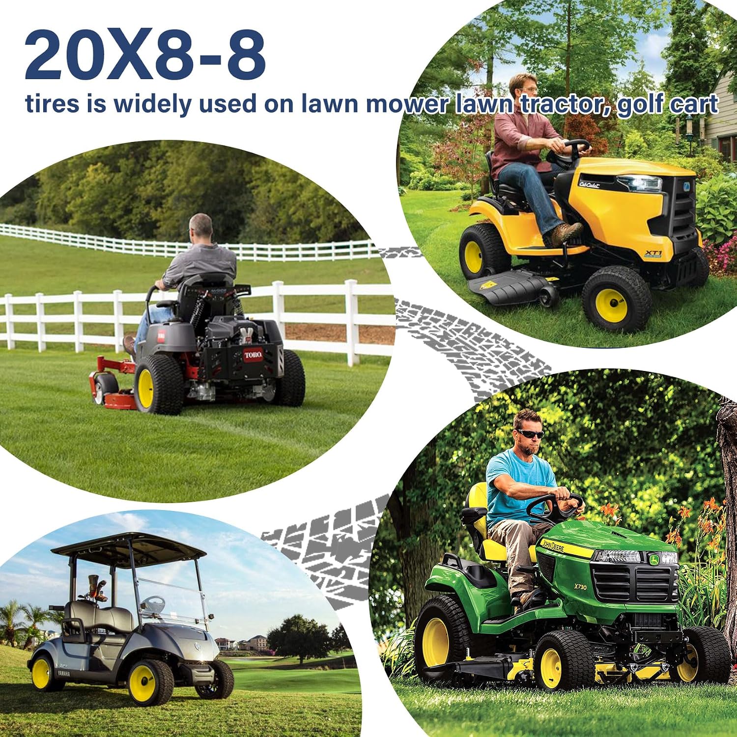 2Pcs 20x8.00-8 Lawn Mower Tires, Rear Tire and Wheel Assemblies for Riding Lawn Mowers, 4-Ply Tubeless Turf-Friendly Tires with 3/4' Borehole, 3.5' Offset Hub and 3/16' Keyway, 965LBS Load Capacity