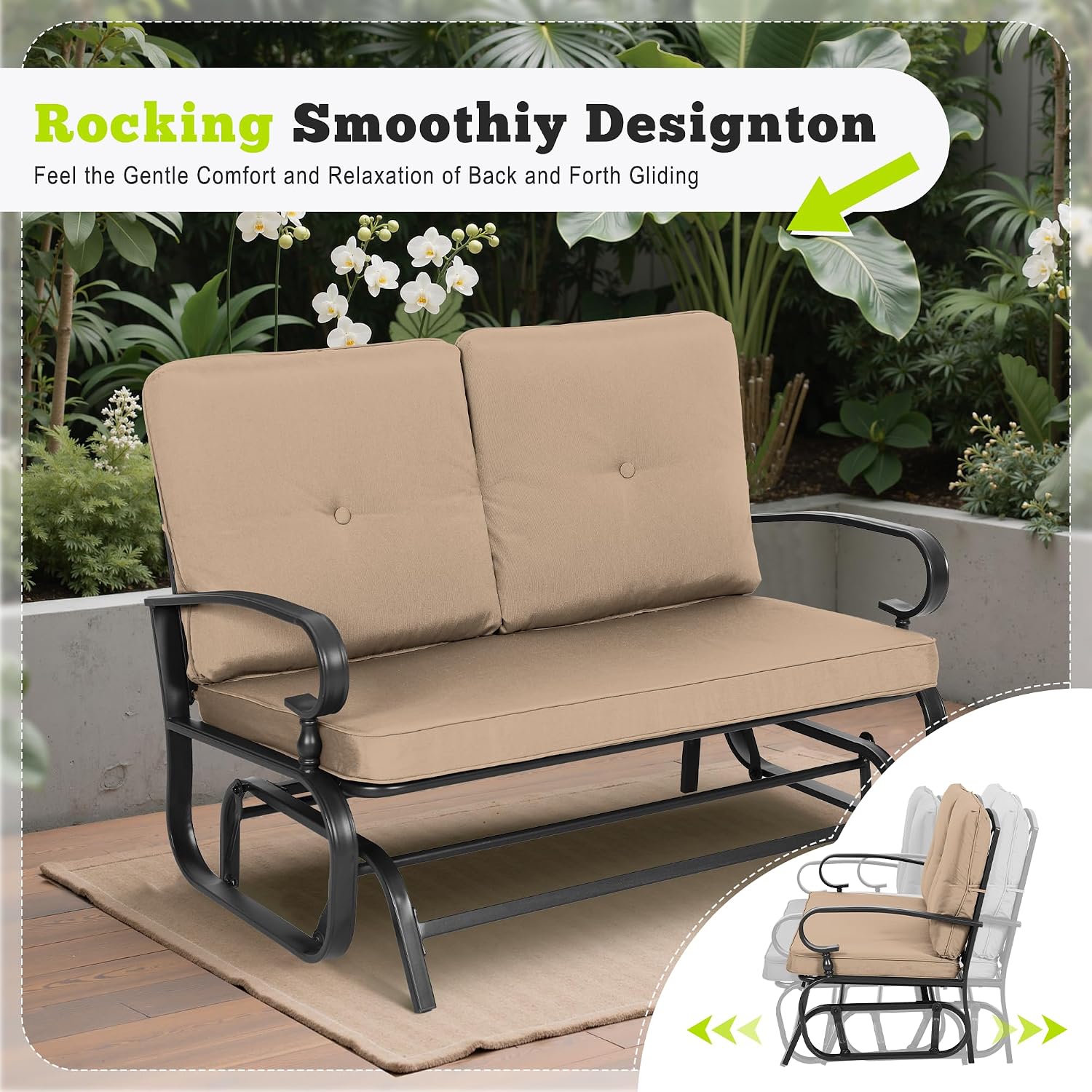 Outdoor Bench Patio Swing Glider Loveseat 2 Seats Rocking Chair, Wrought Iron Gliders for Outside Patio with Cushion (Brown)
