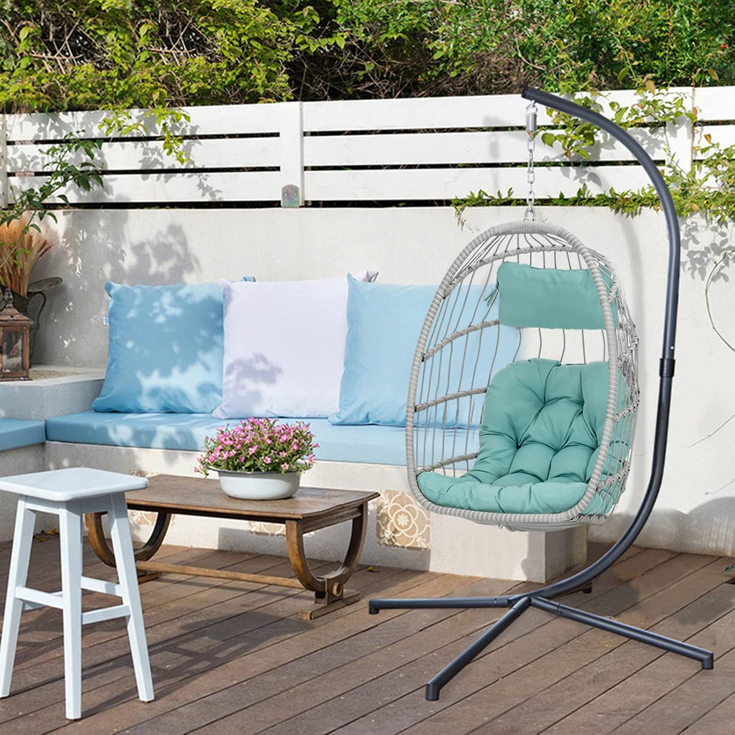 Indoor Outdoor Patio Wicker Hanging Chair Swing Chair Patio Egg Chair UV Resistant Cushion Aluminum Frame (Light Blue)