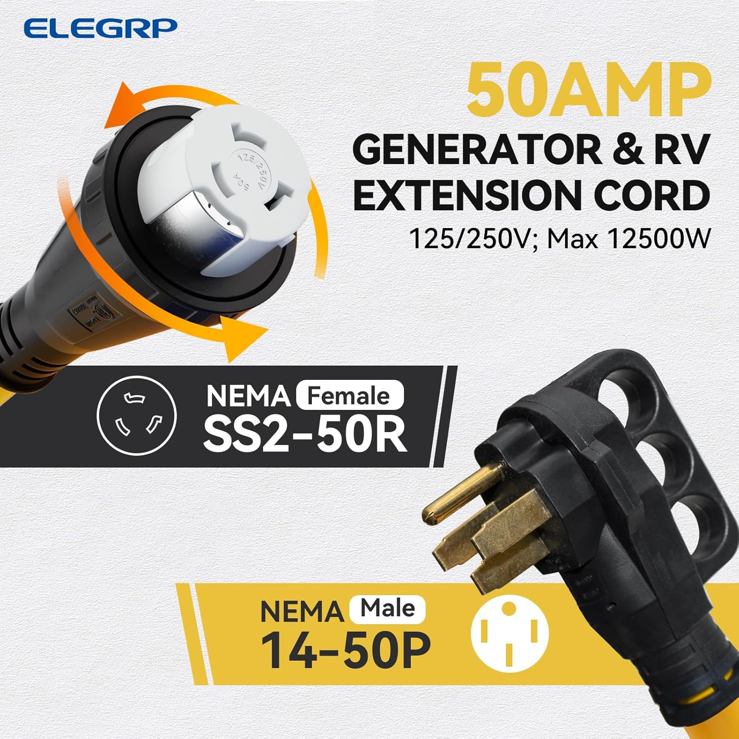 ELEGRP 50 Amp RV/Generator Extension Cord, 50FT NEMA 14-50P to SS2-50R Twist Lock, 6/3+8/1 Gauge STW, Heavy Duty 50A RV Power Cord for Camper/Generator/House, UL Standard Compliant, 3-Year Support