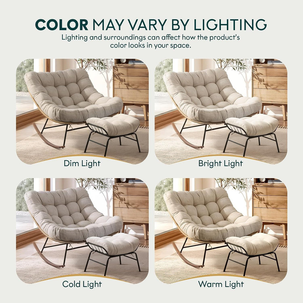 Bme Outdoor and Indoor Patio Rocking Chair with Ottoman, Wood Texture Rocker with Beige Cushion, 7'' Thick, 400lbs Capacity, Sturdy Construction, Ergonomic Design, Quick Assembly, Floor ensureor