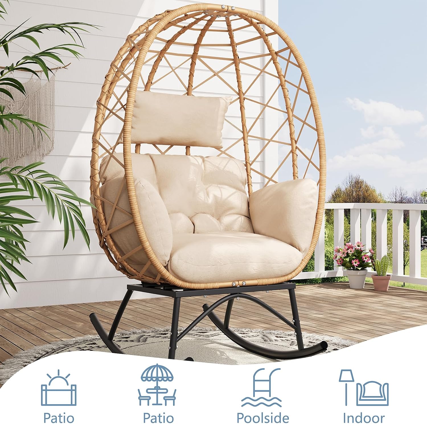SWITTE Wicker Egg Rocking Chair Outdoor, Oversized Patio Lounge Chairs with Cushion for Indoor Living Room, Bedroom, Outside Backyard Balcony-Beige