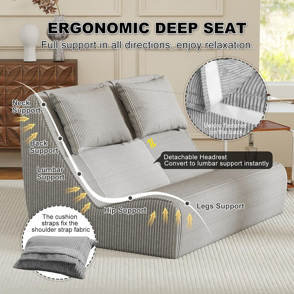 Giant Bean Bag Chair for Adults - Indoor Chaise Lounge with Pillows & Ottomans, Upholstered Loveseat Floor Sofa Chair for Reading, Gaming, Napping, and Movies (Gray)