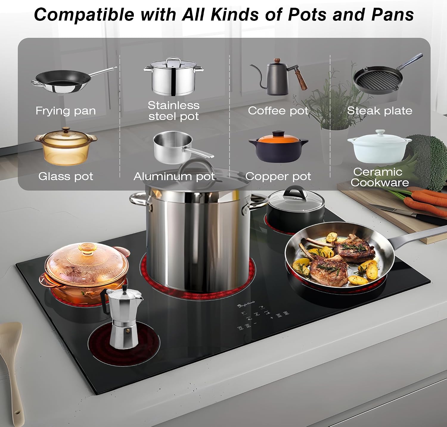 Electric Cooktop 36 Inch 5 Burners, Electric Stove Top, Built-in Ceramic Radiant Cooktop with Sensor Touch Control, Fast Heat, Multiple Safety Protection, 9000W with Hard Wire for 220V~240V