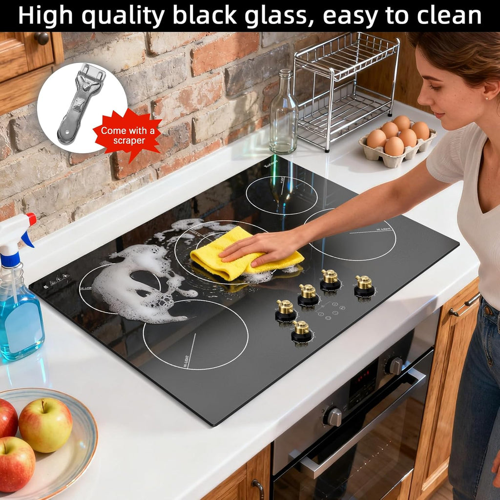Karinear Electric Cooktop 30 Inch, 5 Burner Radiant Cooktop with Knob & Touch Control, 8500W 240V Built-in Stove Top, 9 Power Levels, Timer, Child Lock, Pause, Residual Heat Indicator(Gold Knob)
