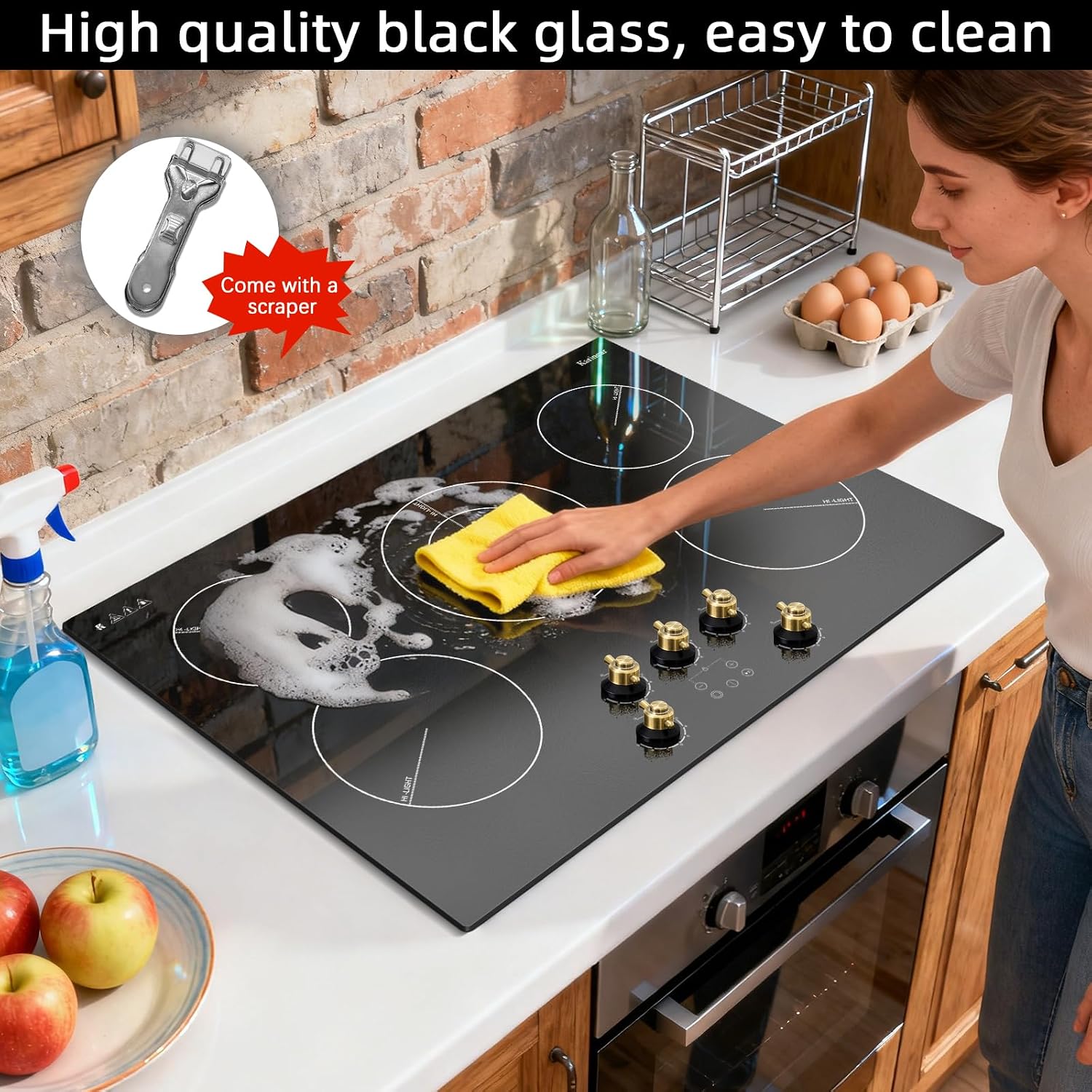 Karinear Electric Cooktop 30 Inch, 5 Burner Radiant Cooktop with Knob & Touch Control, 8500W 240V Built-in Stove Top, 9 Power Levels, Timer, Child Lock, Pause, Residual Heat Indicator(Gold Knob)