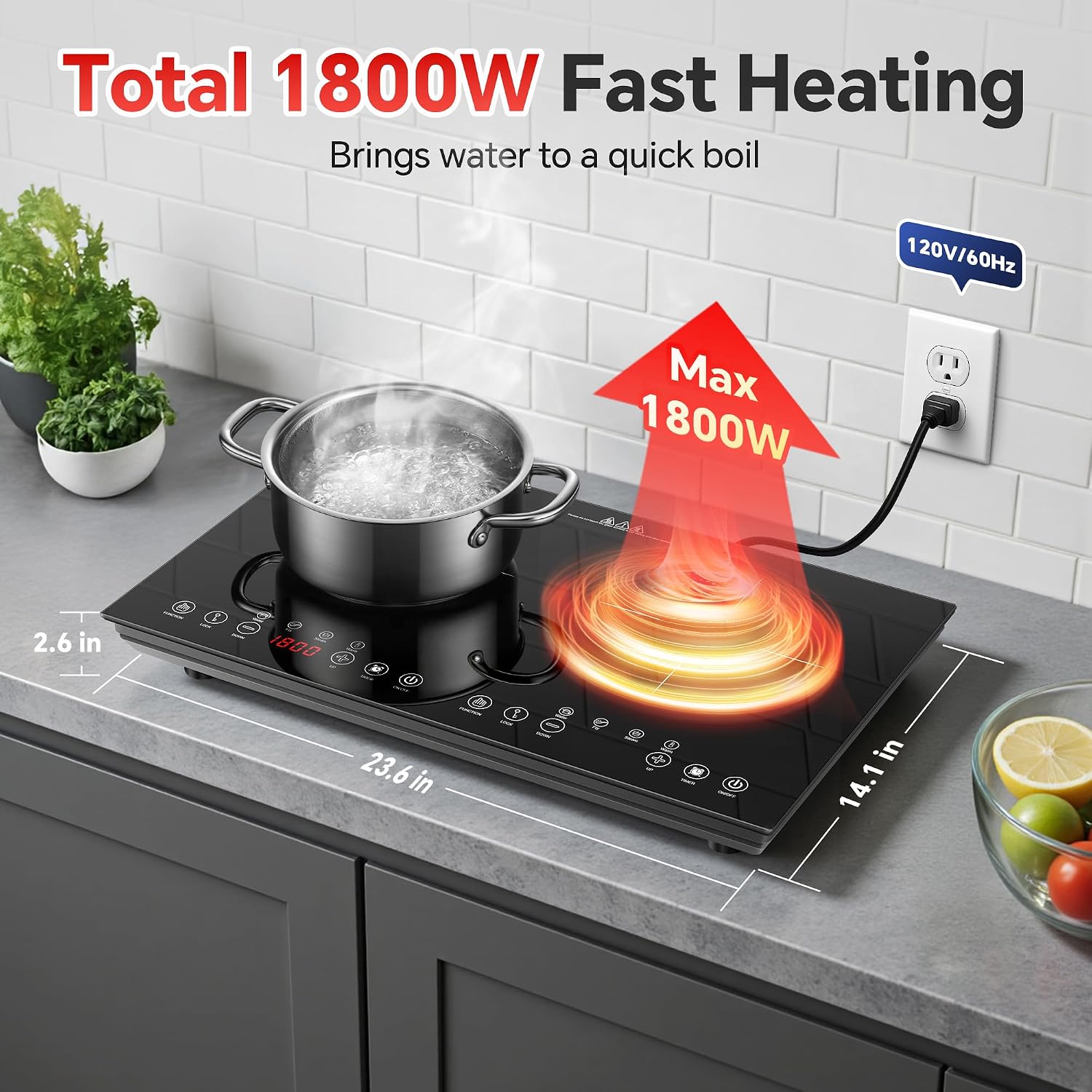 Portable Induction Cooktop 2 Burner - 1800W Double Induction Cooker with 8 Power Settings, 4 Pre-Set Modes, Ultra Thin Design, Sensor Touch Control, Child Safety Lock & Timer | Electric Cooktop