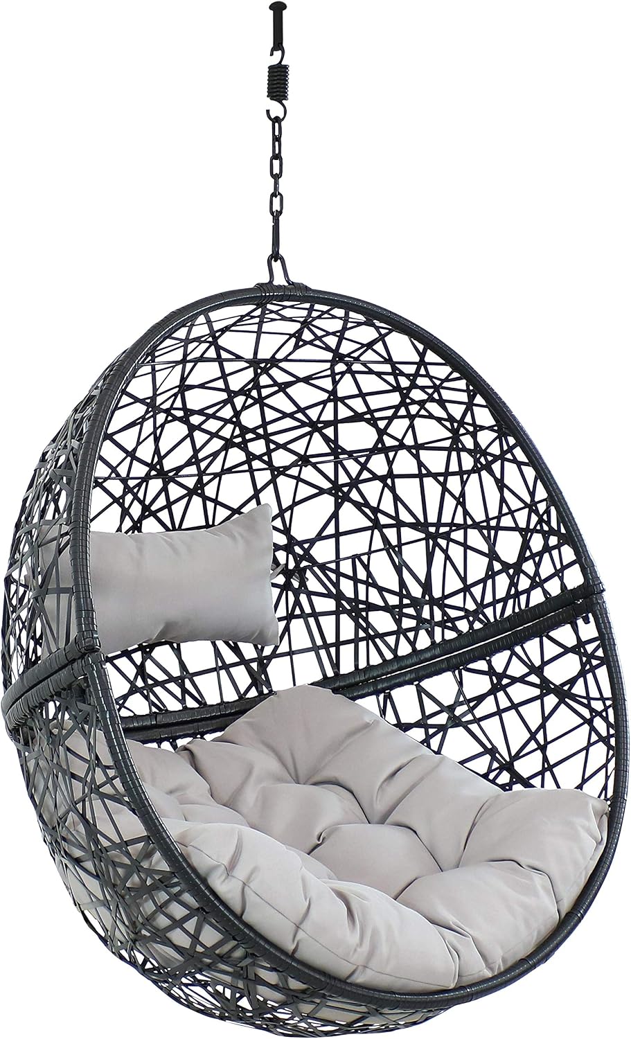 Sunnydaze Jackson Resin Wicker Hanging Egg Chair - 265-Pound Weight Capacity - Removable Gray Polyester Cushions