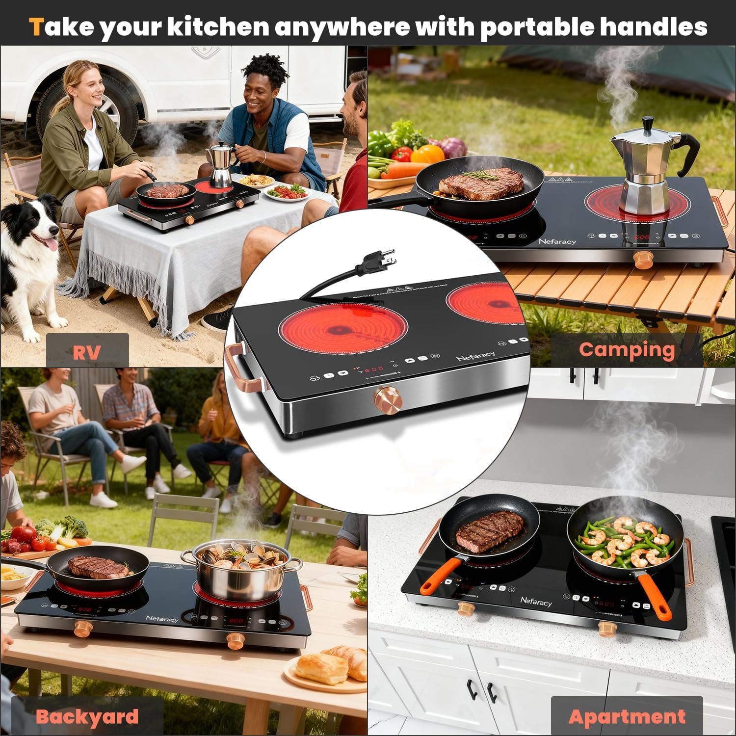 2 Burner Electric Cooktop 24 inch, 110-120V Plug in 2000W Ceramic Cooktop, Portable Electrics Stove with Handles,Touch & Knob Control, Safety Lock, 9 Heating Levels, 240Mins Timer, Overheat Protection