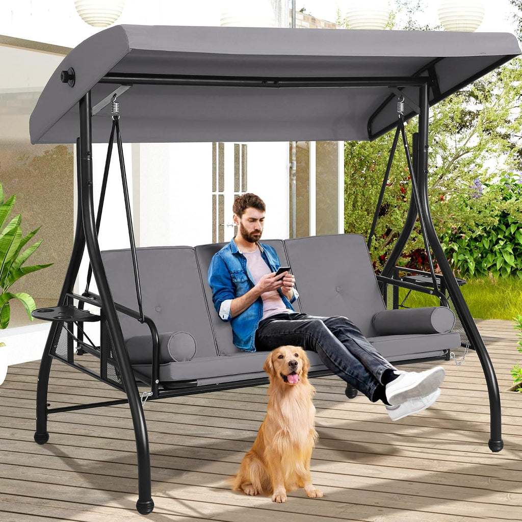 Grepatio 3-Seat Outdoor Porch Swing with Adjustable Canopy, 3 Person Convertible Porch Swing Bed with Stand, Heavy Duty Patio Swing with Cup Holder and Pillows, Cushion for Garden, Poolside (Grey)