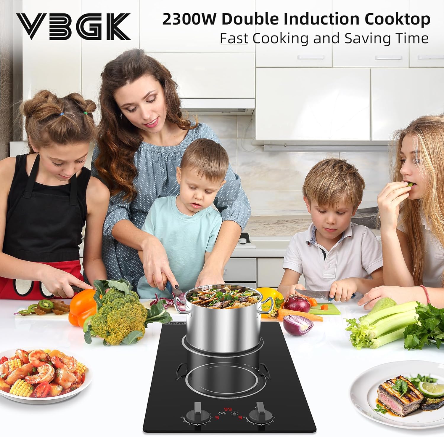 VBGK Double Induction Cooktop,110V 2300W 2 burner induction cooktop,2 burner Hot Plate Electric burner with LCD Touch Screen 9 Levels Settings Child Safety Lock & Timer