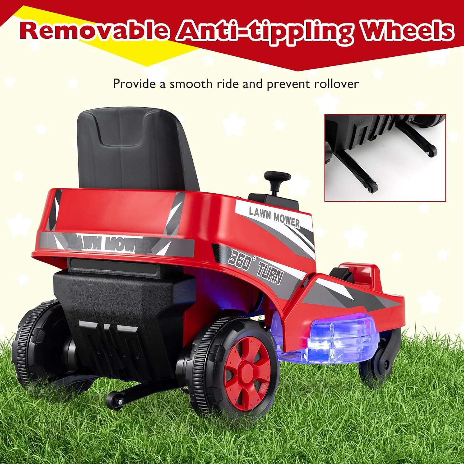 Costzon Ride on Lawn Mower for Kids, 12V Toddler Electric Car with 360° Twist and Turn, Dual Control Sticks, LED Lights, Outdoor Ride on Toy Gift for Boys & Girls Aged 3-8 (Red)