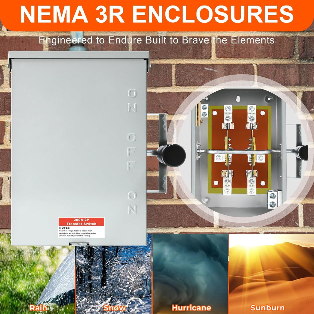 Upgraded 200 Amp 2 Pole Manual Transfer Switch, 120/240-Volt 48,000-Watt Transfer Switch for Home Generator, Meeting NEMA 3R Standards for Outdoor and Indoor, with Integrated Neutral