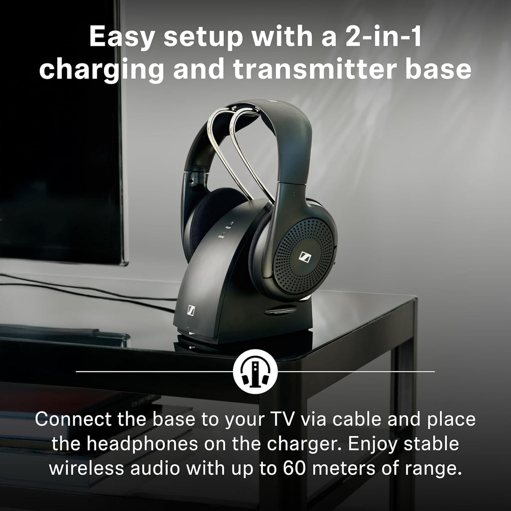 Sennheiser RS 120-W On-Ear Wireless Headphones for Crystal-clear TV Listening with 3 Sound Modes, Lightweight Design, Easy Volume Control, 60 m Range and Convenient Transmitter/Charger Combo - Black